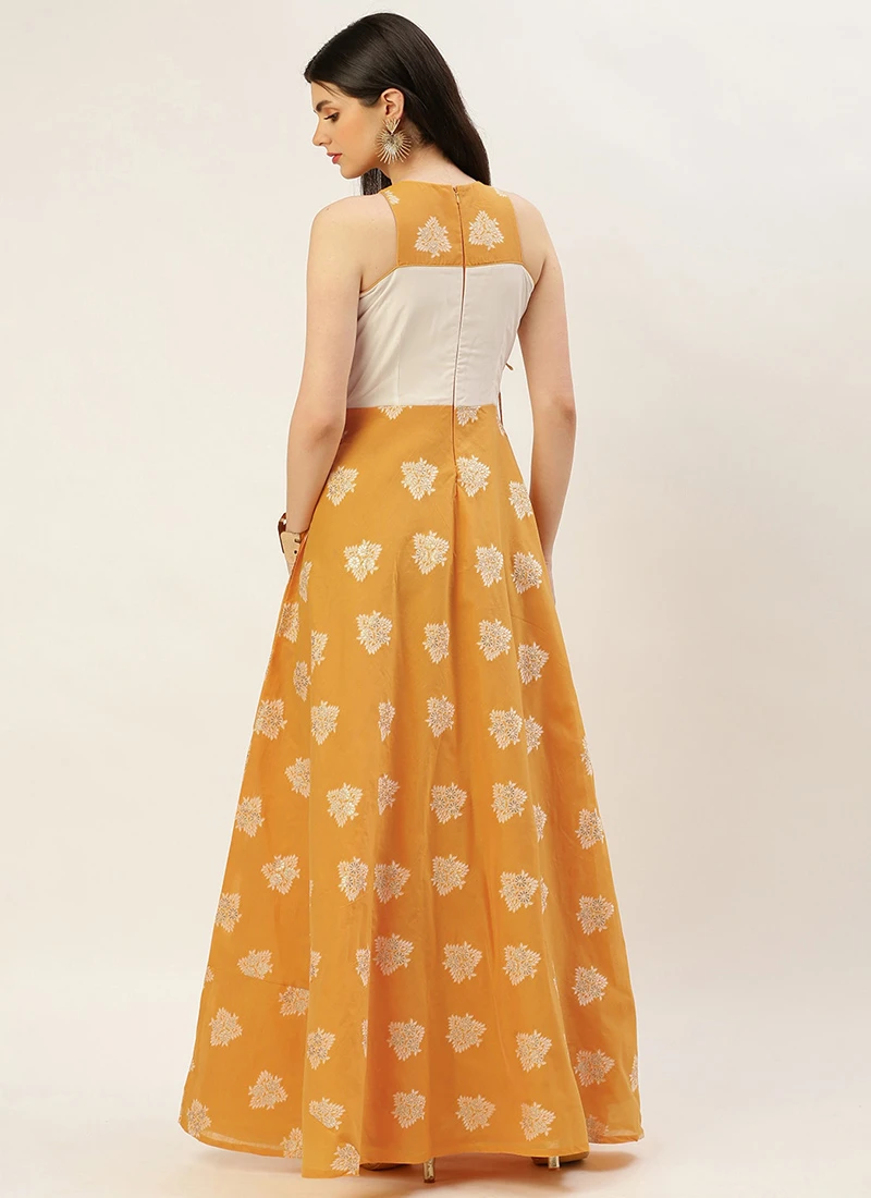 Off White N Mustard Jacquard Maxi Dress Festive Wear 6 Off White N Mustard Jacquard Maxi Dress Festive Wear - Image 4