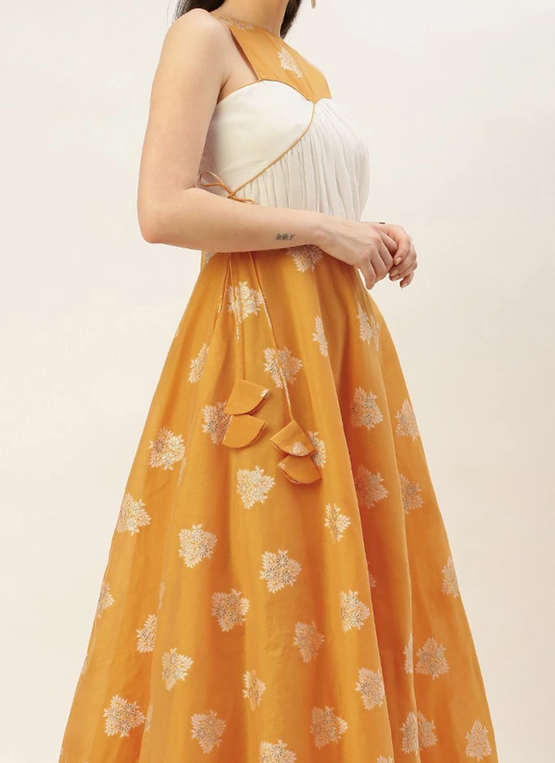 Off White N Mustard Jacquard Maxi Dress Festive Wear 3 Off White N Mustard Jacquard Maxi Dress Festive Wear