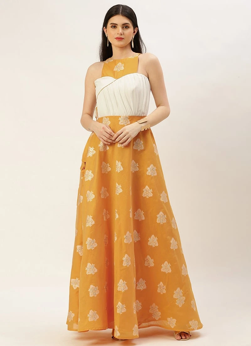 Off White N Mustard Jacquard Maxi Dress Festive Wear 5 Off White N Mustard Jacquard Maxi Dress Festive Wear - Image 3