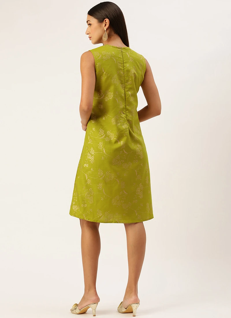 Olive Green Rayon Print Dress After Six Wear 6 Olive Green Rayon Print Dress After Six Wear - Image 4