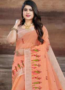 Orange Linen Resham Embroidered Work Saree After Six Wear -Sari Grace Shop Orange Linen Resham Embroidered Work Saree SAMASP03 b