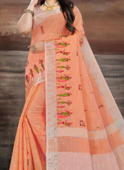Orange Linen Resham Embroidered Work Saree After Six Wear