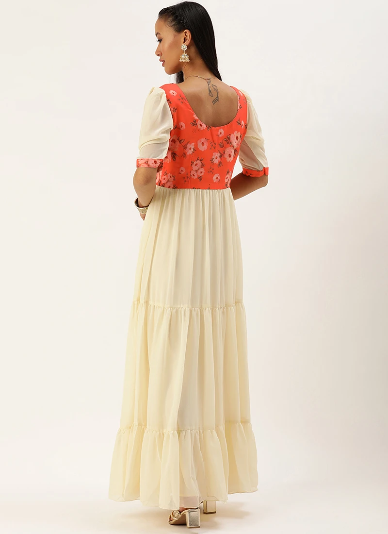 Orange N Off White Printed Dress Festive Wear 6 Orange N Off White Printed Dress Festive Wear - Image 4
