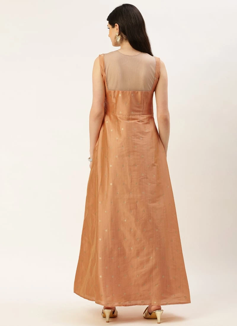 Peach Art Silk Jacquard Dress Festive Wear 5 Peach Art Silk Jacquard Dress Festive Wear - Image 4