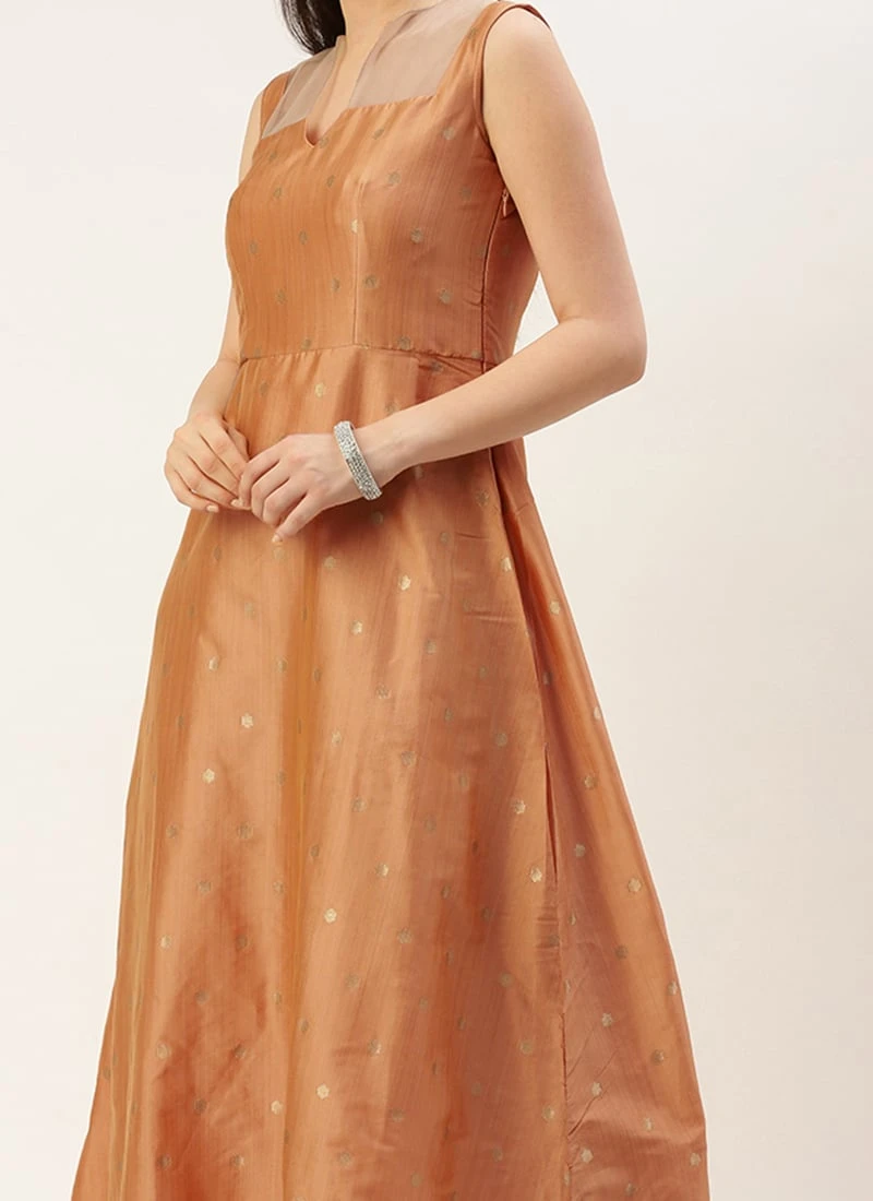Peach Art Silk Jacquard Dress Festive Wear 2 Peach Art Silk Jacquard Dress Festive Wear
