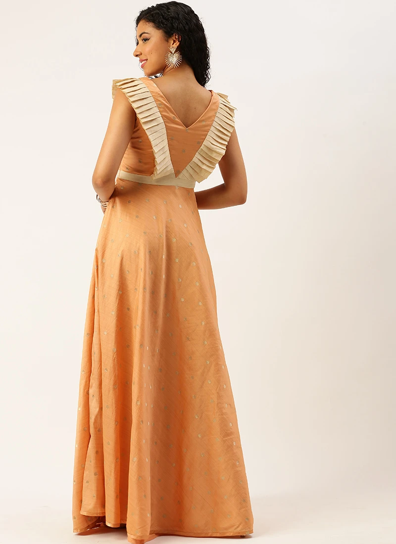 Peach Art Silk Jacquard Ruffled Dress Festive Wear 6 Peach Art Silk Jacquard Ruffled Dress Festive Wear - Image 4