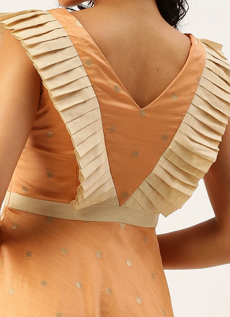 Peach Art Silk Jacquard Ruffled Dress Festive Wear 8 Peach Art Silk Jacquard Ruffled Dress Festive Wear - Image 6