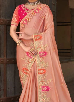Peach Color Thread Embroidery Banarasi Silk Saree Party Wear
