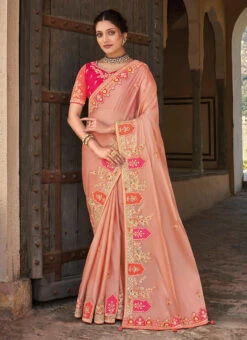 Peach Color Thread Embroidery Banarasi Silk Saree Party Wear -Sari Grace Shop Peach Color Thread Embroidery Banarasi Silk Saree SASLI18845907 u