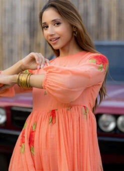 Peach Faux Chiffon Digital Print Fit And Flare Dress After Six Wear -Sari Grace Shop Peach Faux Chiffon Digital Print Fit And Flare Dress DRSSUF1303 b