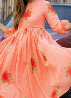 Peach Faux Chiffon Digital Print Fit And Flare Dress After Six Wear