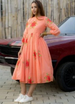 Peach Faux Chiffon Digital Print Fit And Flare Dress After Six Wear -Sari Grace Shop Peach Faux Chiffon Digital Print Fit And Flare Dress DRSSUF1303 u