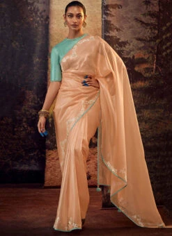 Peach Faux Crepe Embroidered Saree Party Wear -Sari Grace Shop Peach Faux Crepe Embroidered Saree SASLI21375269 u