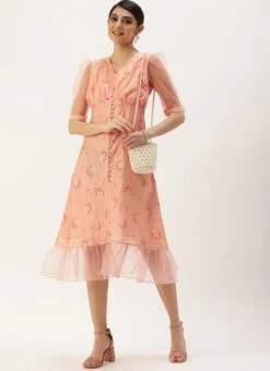 Peach Foil Printed A Line Dress After Six Wear 12 Peach Foil Printed A Line Dress After Six Wear -Sari Grace Shop Peach Foil Printed A Line Dress DRBS02209710 u