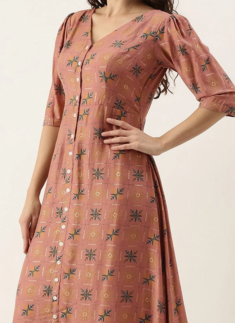 Peach Foil Printed A Line Dress After Six Wear Work Wear 3 Peach Foil Printed A Line Dress After Six Wear Work Wear