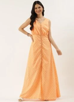 Peach Foil Printed Cotton Maxi Dress After Six Wear Festive Wear 12 Peach Foil Printed Cotton Maxi Dress After Six Wear Festive Wear -Sari Grace Shop Peach Foil Printed Cotton Maxi Dress DRBS02206182 u