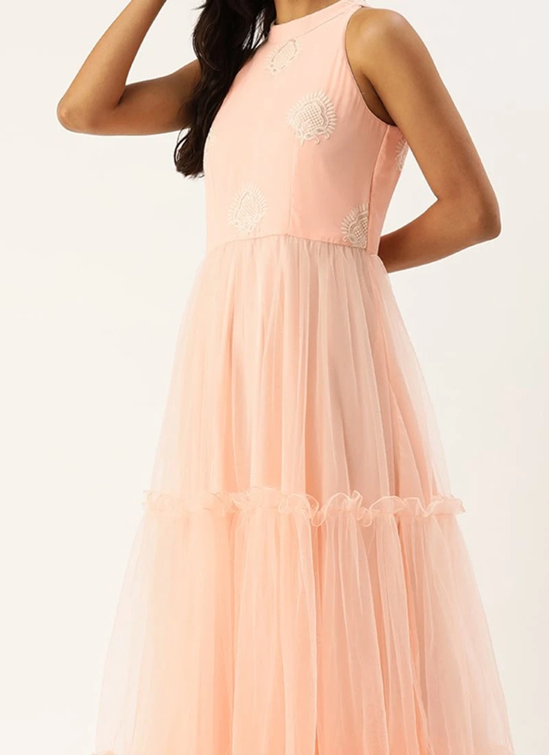 Peach Georgette Embroidered Dress Festive Wear