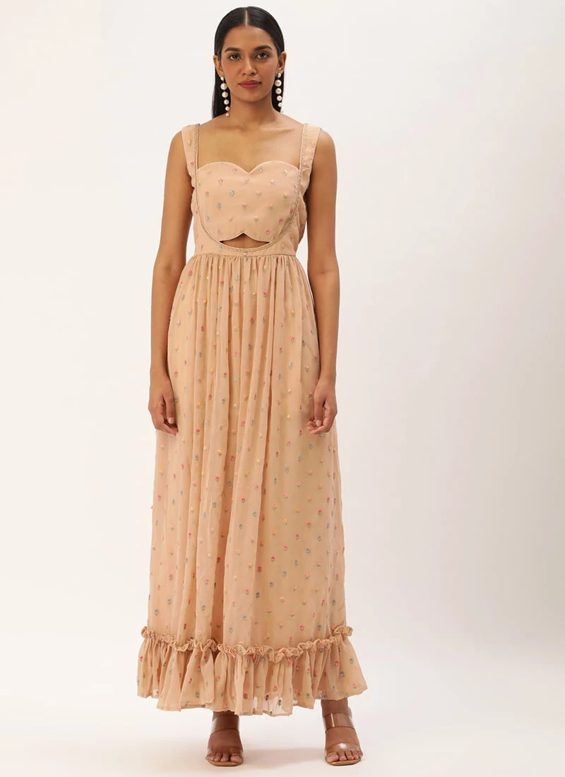 Peach Georgette Embroidered Maxi Dress Festive Wear 5 Peach Georgette Embroidered Maxi Dress Festive Wear - Image 3