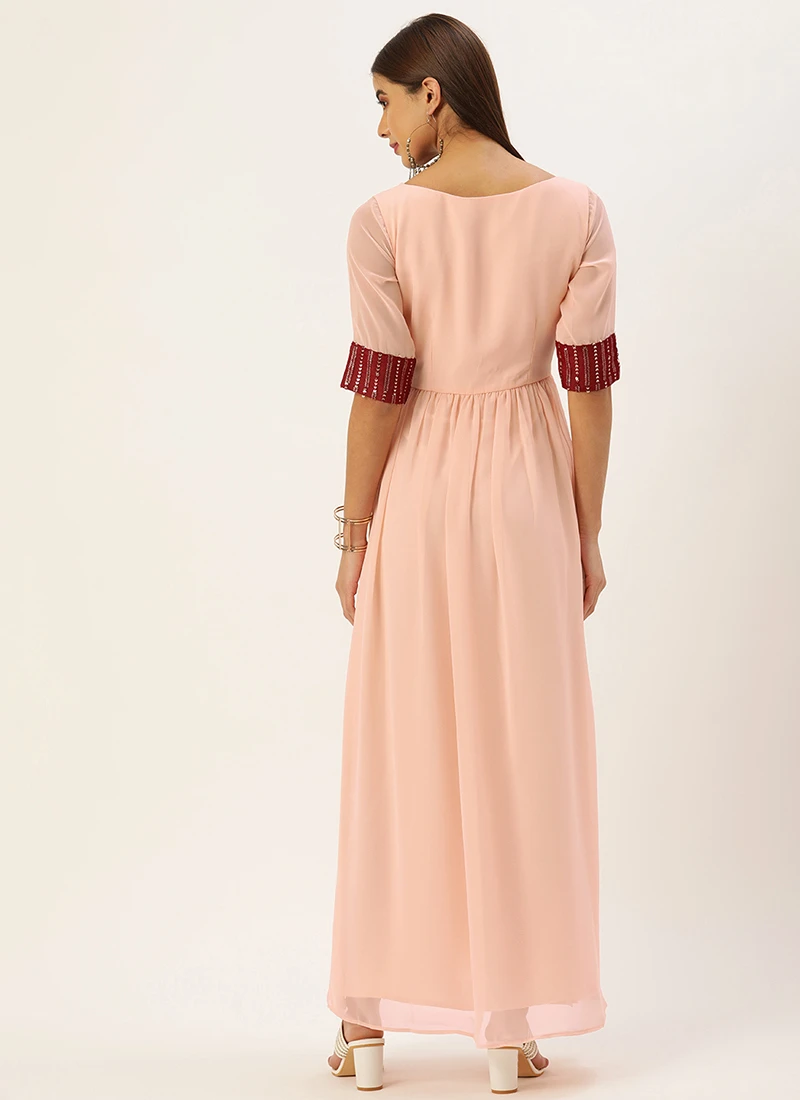 Peach N Maroon Embroidered Gathered Dress Festive Wear 6 Peach N Maroon Embroidered Gathered Dress Festive Wear - Image 4