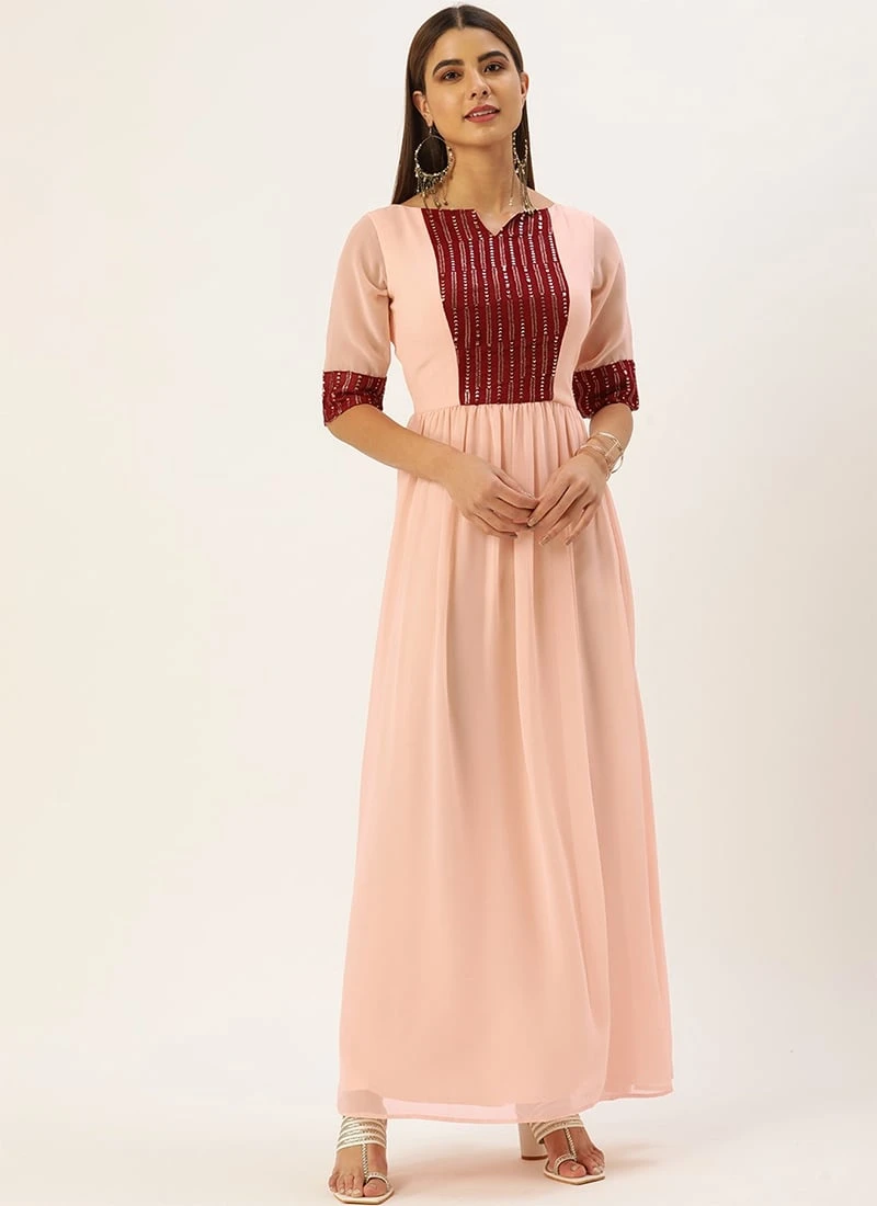 Peach N Maroon Embroidered Gathered Dress Festive Wear 5 Peach N Maroon Embroidered Gathered Dress Festive Wear - Image 3