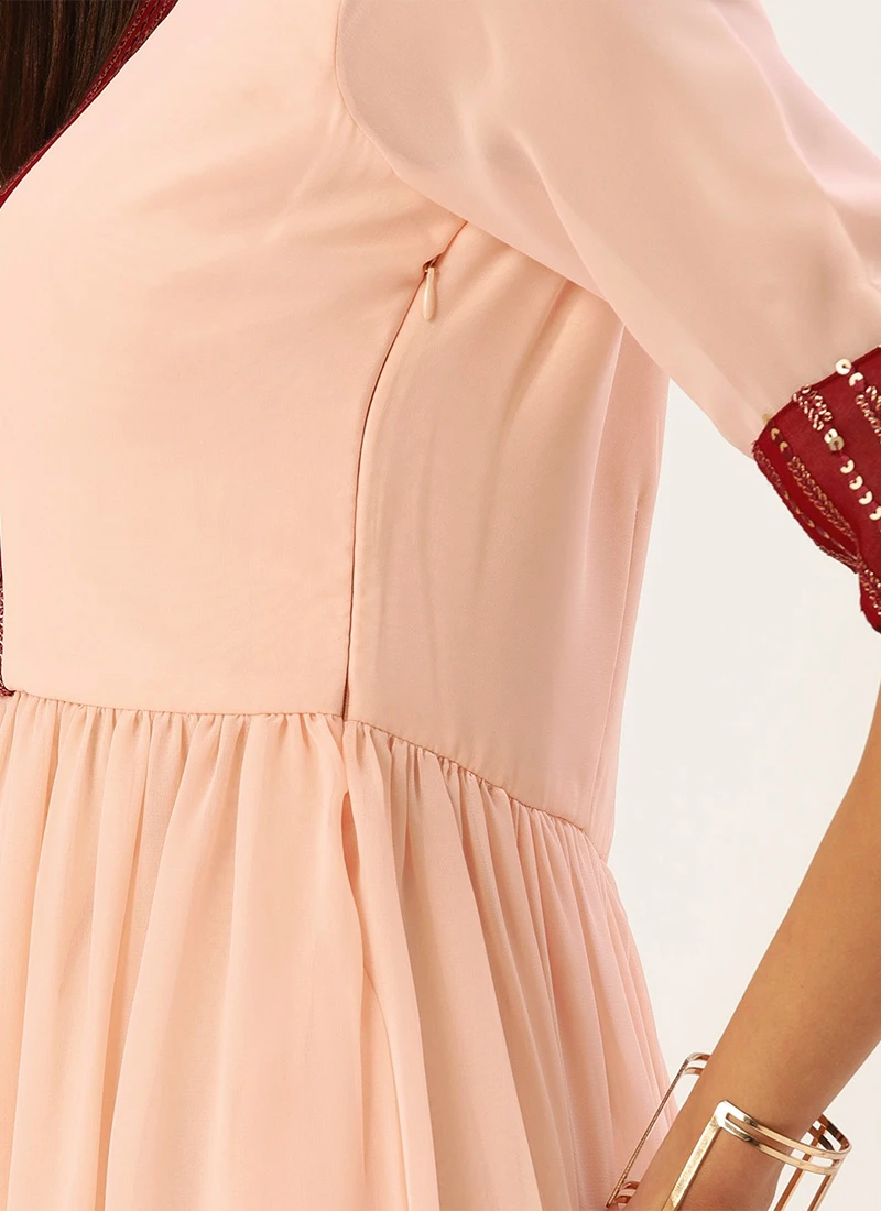 Peach N Maroon Embroidered Gathered Dress Festive Wear 7 Peach N Maroon Embroidered Gathered Dress Festive Wear - Image 5