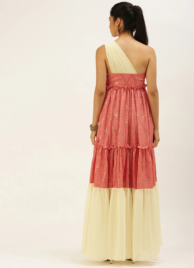 Peach N White Embroidered Tiered Maxi Dress Festive Wear 6 Peach N White Embroidered Tiered Maxi Dress Festive Wear - Image 4