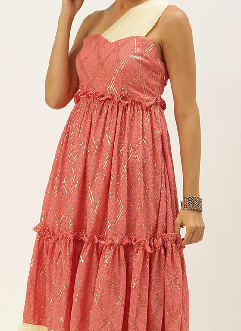 Peach N White Embroidered Tiered Maxi Dress Festive Wear 3 Peach N White Embroidered Tiered Maxi Dress Festive Wear