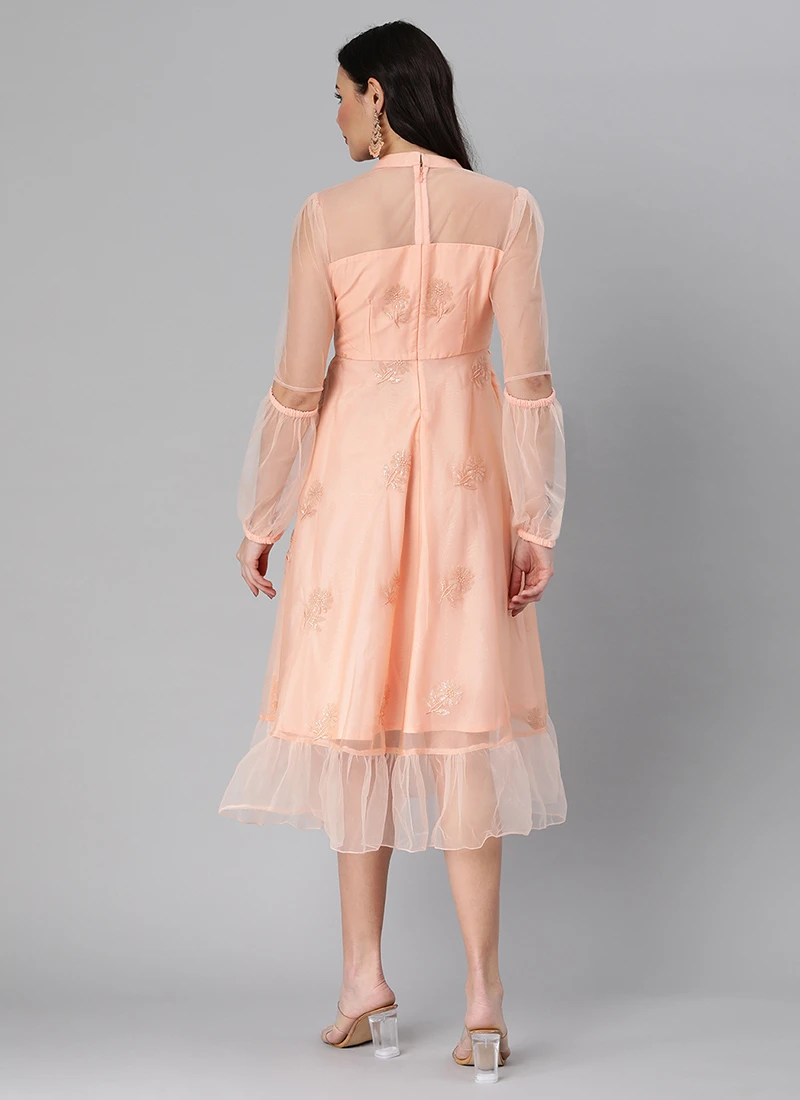 Peach Organza Embroidered Midi Dress After Six Wear 6 Peach Organza Embroidered Midi Dress After Six Wear - Image 4