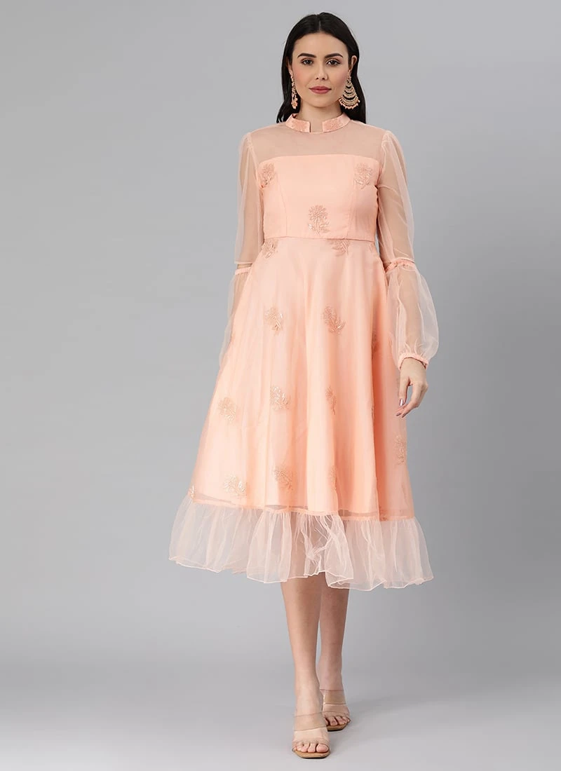 Peach Organza Embroidered Midi Dress After Six Wear 5 Peach Organza Embroidered Midi Dress After Six Wear - Image 3