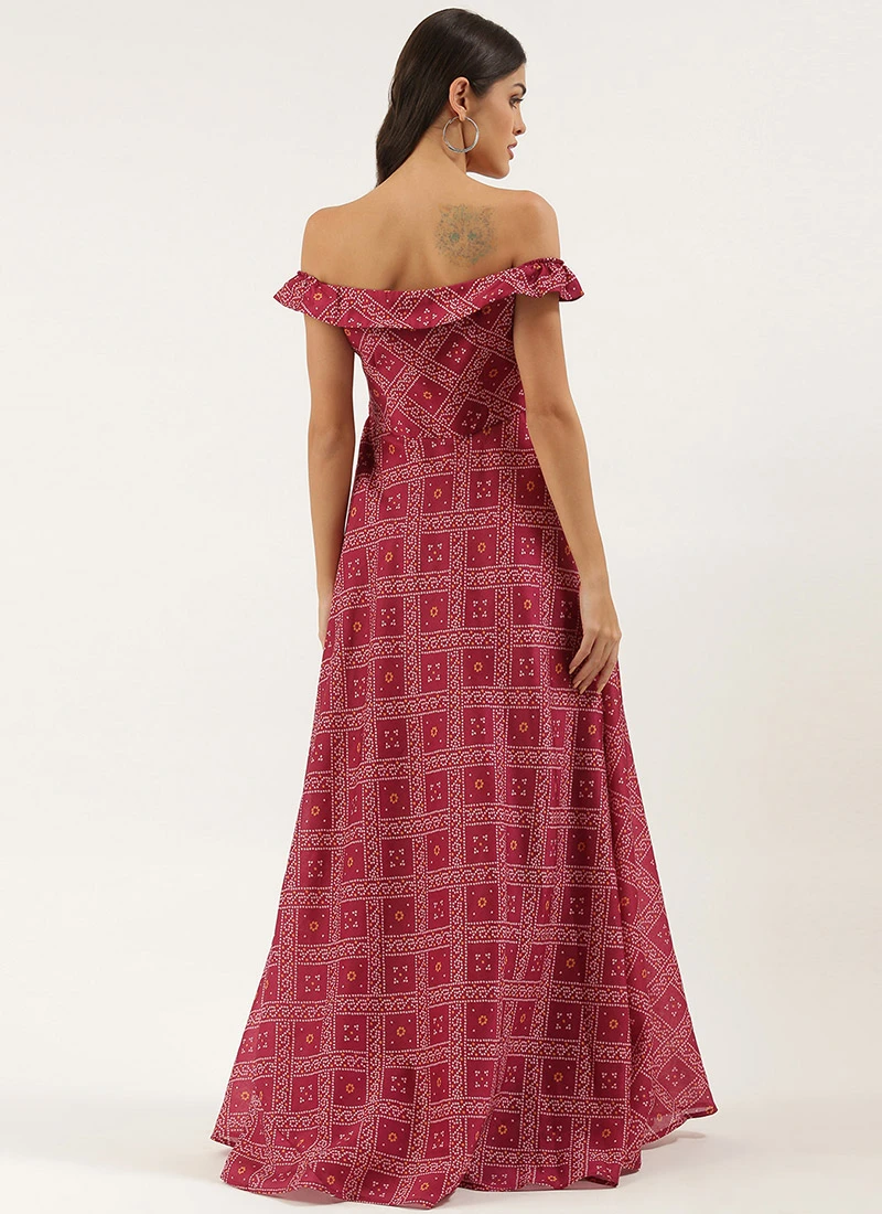 Pink Art Silk Digital Printed Off Shoulder Dress Festive Wear 6 Pink Art Silk Digital Printed Off Shoulder Dress Festive Wear - Image 4