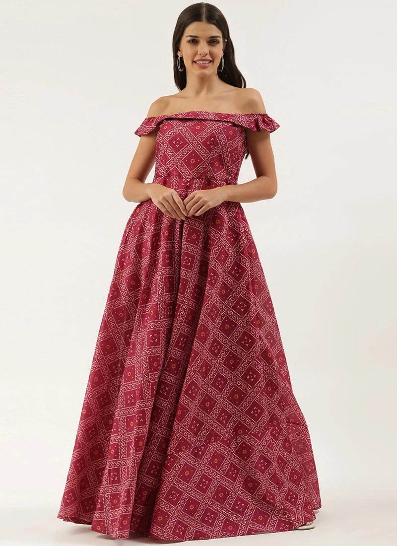 Pink Art Silk Digital Printed Off Shoulder Dress Festive Wear 5 Pink Art Silk Digital Printed Off Shoulder Dress Festive Wear - Image 3