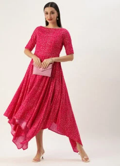 Pink Bandhani Printed Rayon Dress Festive Wear -Sari Grace Shop Pink Bandhani Printed Rayon Dress DRBS02302261 u