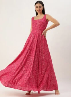 Pink Bandhani Printed Rayon Strap Neck Dress Festive Wear 12 Pink Bandhani Printed Rayon Strap Neck Dress Festive Wear -Sari Grace Shop Pink Bandhani Printed Rayon Strap Neck Dress DRBS02303755 u