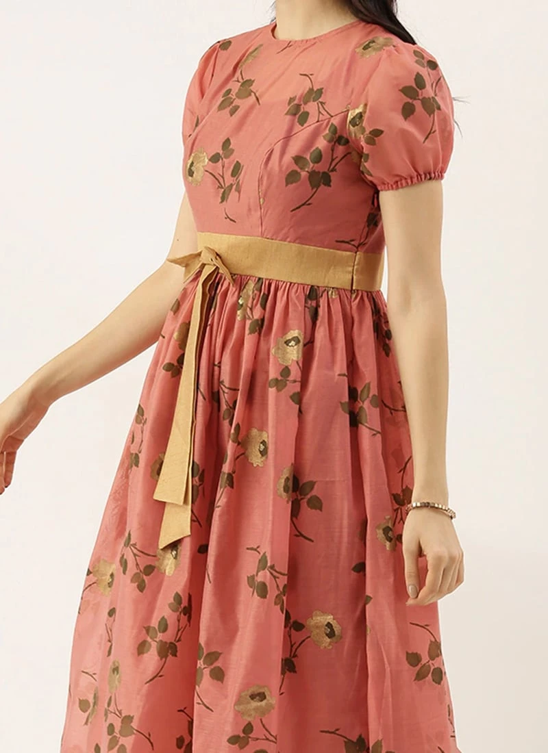 Pink Chanderi Silk Puff Sleeve Dress Festive Wear 3 Pink Chanderi Silk Puff Sleeve Dress Festive Wear