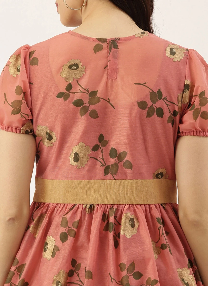 Pink Chanderi Silk Puff Sleeve Dress Festive Wear 8 Pink Chanderi Silk Puff Sleeve Dress Festive Wear - Image 6