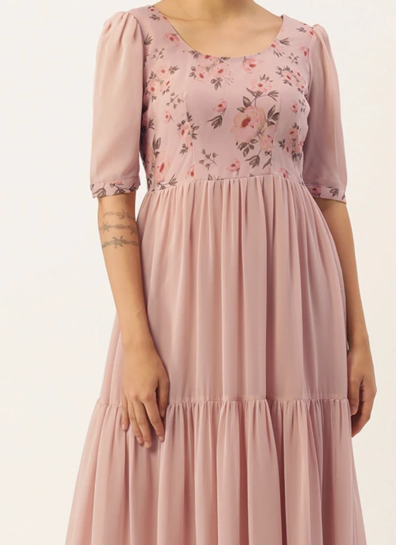 Pink Digital Printed Gathers Dress Festive Wear After Six Wear 3 Pink Digital Printed Gathers Dress Festive Wear After Six Wear