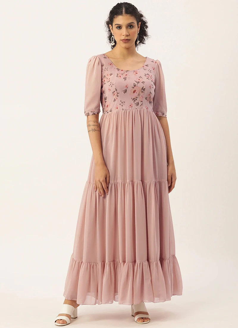 Pink Digital Printed Gathers Dress Festive Wear After Six Wear 5 Pink Digital Printed Gathers Dress Festive Wear After Six Wear - Image 3