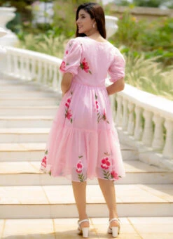 Pink Faux Chiffon Digital Print Fit And Flare Dress After Six Wear -Sari Grace Shop Pink Faux Chiffon Digital Print Fit And Flare Dress DRSSUF1301 b