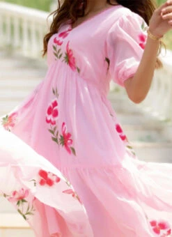 Pink Faux Chiffon Digital Print Fit And Flare Dress After Six Wear