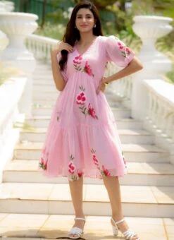 Pink Faux Chiffon Digital Print Fit And Flare Dress After Six Wear -Sari Grace Shop Pink Faux Chiffon Digital Print Fit And Flare Dress DRSSUF1301 u