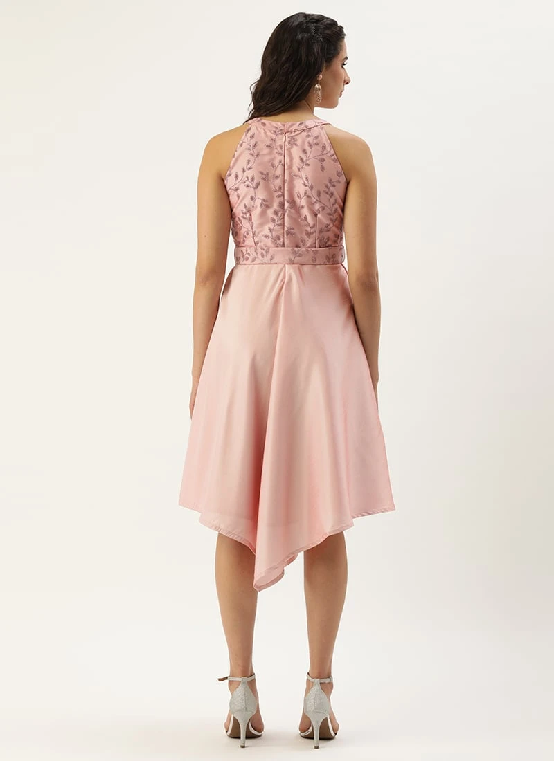 Pink Foil Printed Asymmetric Dress Festive Wear 6 Pink Foil Printed Asymmetric Dress Festive Wear - Image 4