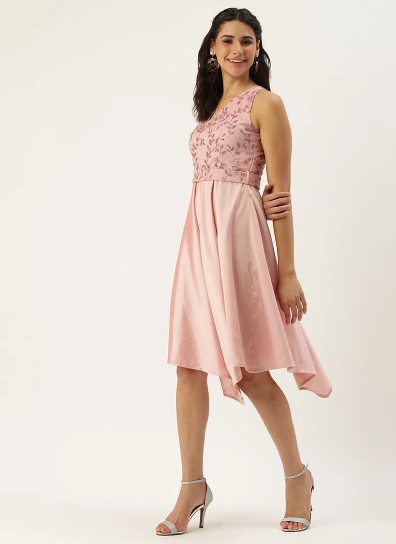 Pink Foil Printed Asymmetric Dress Festive Wear 5 Pink Foil Printed Asymmetric Dress Festive Wear - Image 3