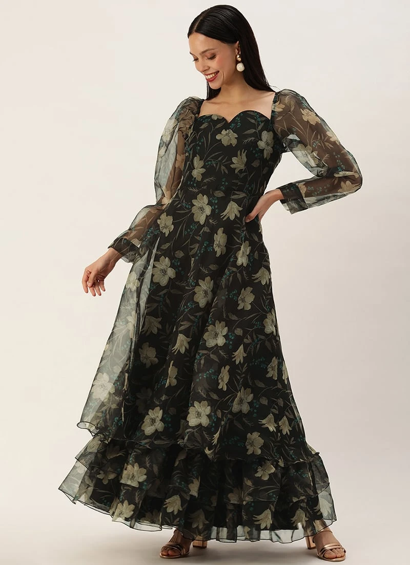 Black Printed Organza Maxi Dress Festive Wear 4 Black Printed Organza Maxi Dress Festive Wear - Image 3