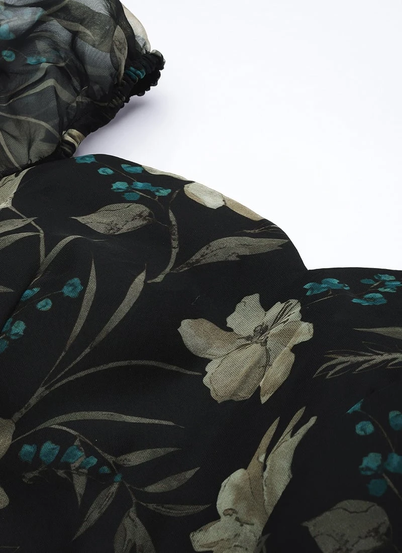 Black Printed Organza Maxi Dress Festive Wear 6 Black Printed Organza Maxi Dress Festive Wear - Image 5