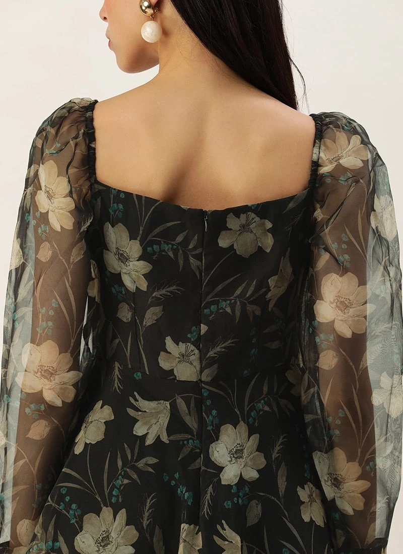 Black Printed Organza Maxi Dress Festive Wear 7 Black Printed Organza Maxi Dress Festive Wear - Image 6