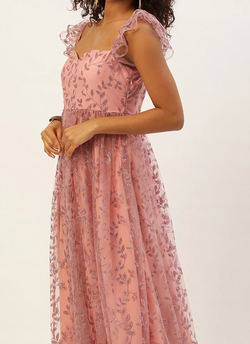 Pink Glitter Foil Tiered Gathers Dress Wedding Wear Party Wear 3 Pink Glitter Foil Tiered Gathers Dress Wedding Wear Party Wear