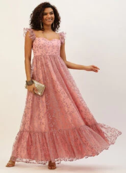 Pink Glitter Foil Tiered Gathers Dress Wedding Wear Party Wear 12 Pink Glitter Foil Tiered Gathers Dress Wedding Wear Party Wear -Sari Grace Shop Pink Glitter Foil Tiered Gathers Dress DRBS02209690 u