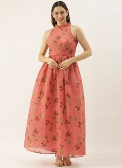 Pink Modal Chanderi Gathered Dress After Six Wear 10 Pink Modal Chanderi Gathered Dress After Six Wear -Sari Grace Shop Pink Modal Chanderi Gathered Dress DRBS02104282 u