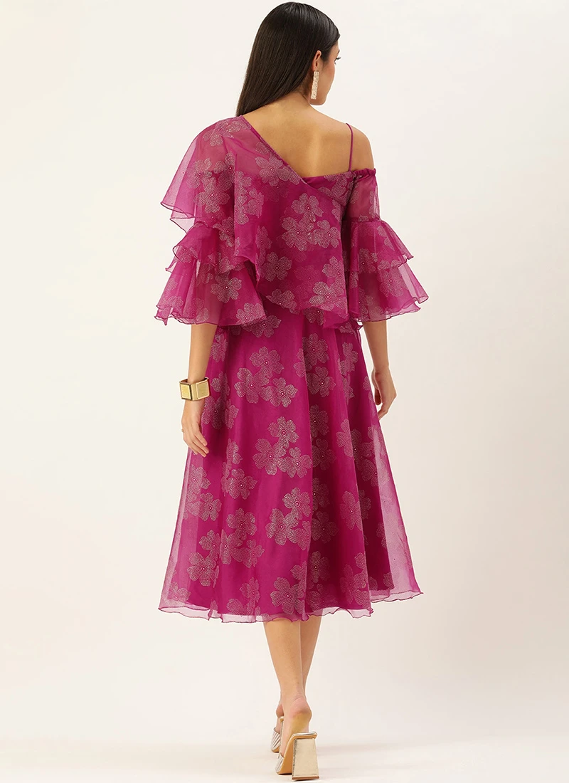 Pink Organza Foil Printed Dress Party Wear 6 Pink Organza Foil Printed Dress Party Wear - Image 4