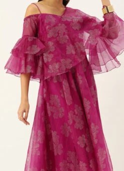 Pink Organza Foil Printed Dress Party Wear